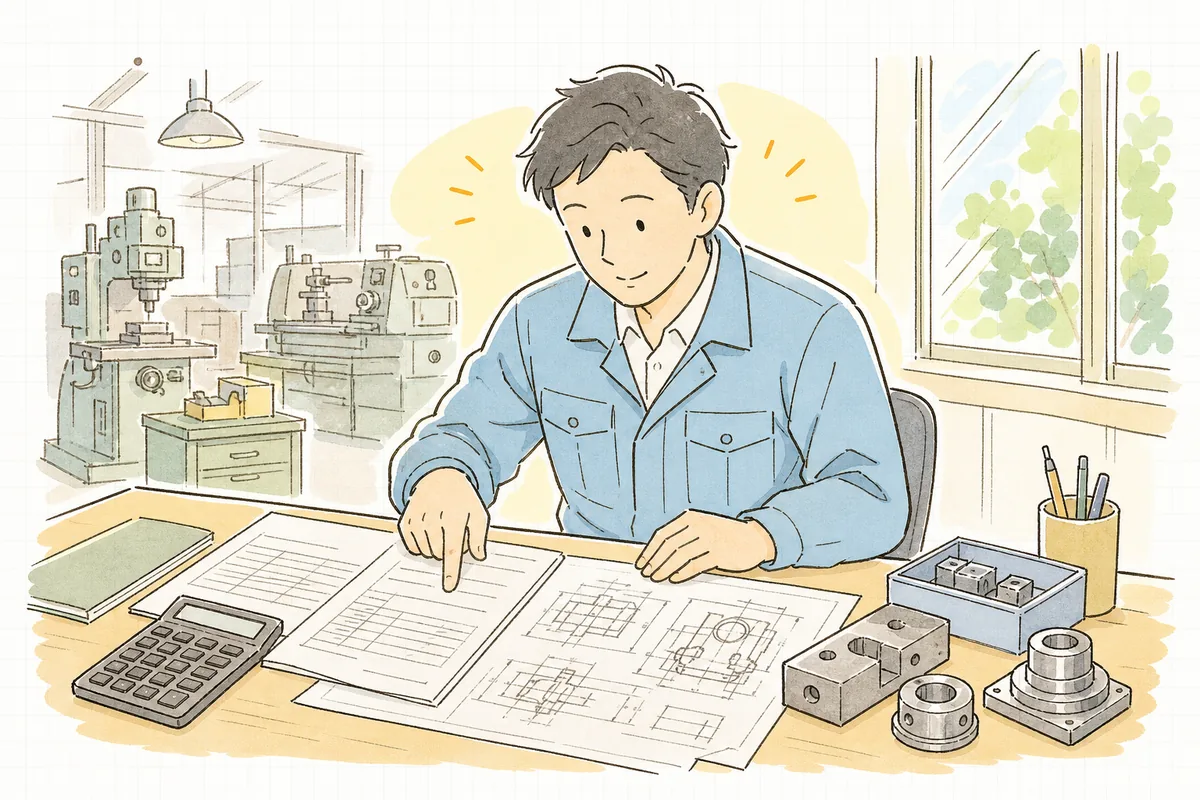 自社の見積書と図面を前に、価格の根拠を落ち着いて整理する町工場の担当者の横顔と手元