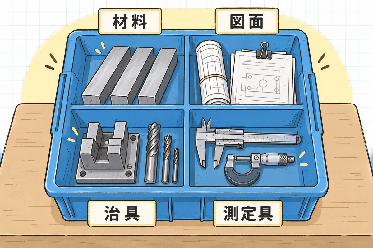 作業台の上の1つの準備かごに、材料・図面・治具・測定具の4つがまとめて入っている様子を示した説明図
