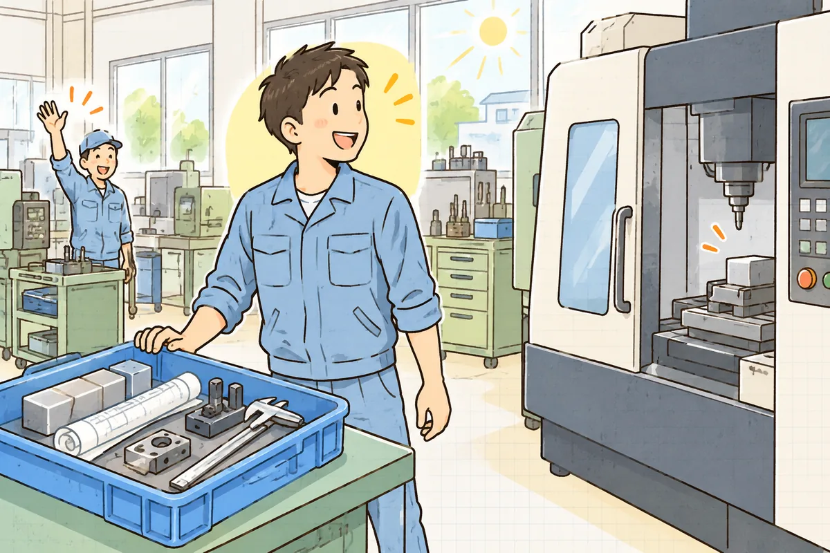 朝の町工場で、作業者が準備のそろったかごを機械の横に置き、すぐに作業を始められて晴れやかな笑顔を見せている情景