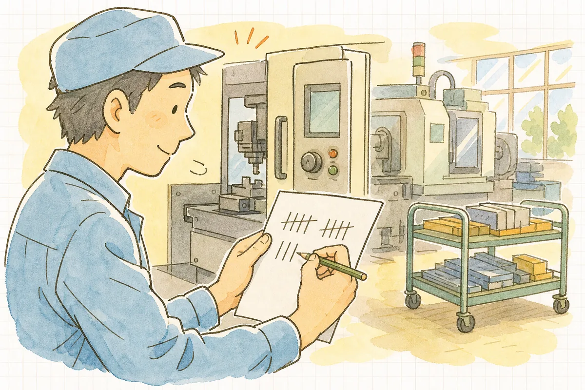 短く止まった機械のそばで、止まった回数を用紙に正の字でメモする町工場の担当者の手元と横顔