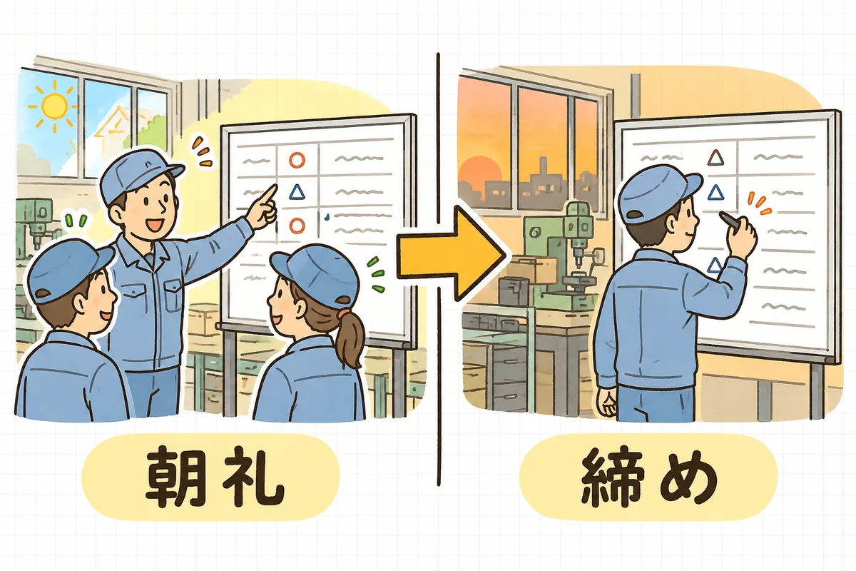 1日の進捗確認の流れを左右に並べた説明図。左は朝、ホワイトボードの前でリーダーと作業者が今日の予定を確かめている場面、右は夕方、同じホワイトボードの前で作業者が予定の欄に丸や三角の印を書き込んでいる場面
