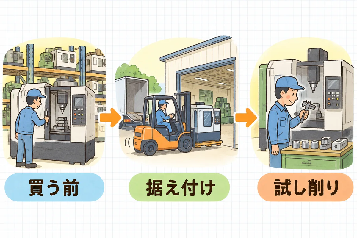 中古設備を導入する流れを左から右へ3つの場面で並べた説明図。左は販売店の倉庫で中古の加工機の扉を開けて中を確かめる人、中央はトラックから降ろされた機械をフォークリフトで工場に運び入れている様子、右は据え付けた機械の前で削った部品をノギスで測っている人