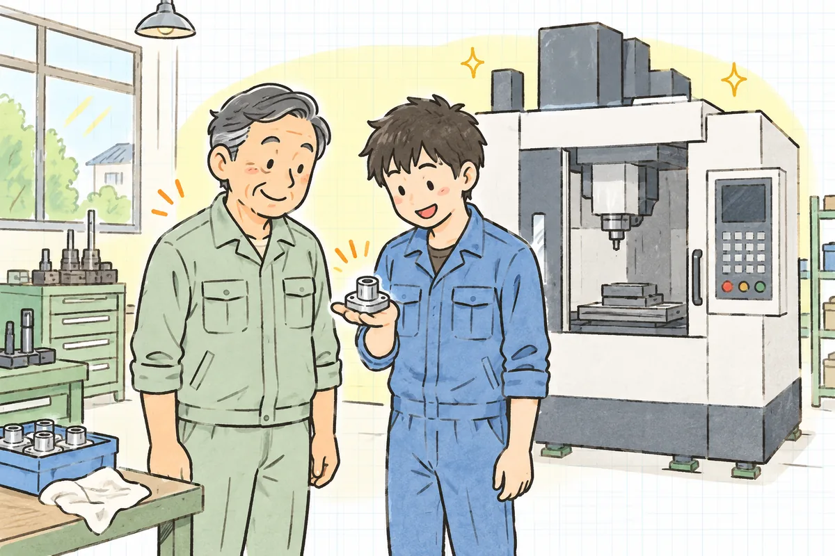 据え付けを終えた中古のマシニングセンタの前で、町工場の経営者と若手作業者が、試し削りした部品を見ながらほっとした笑顔を交わしている情景
