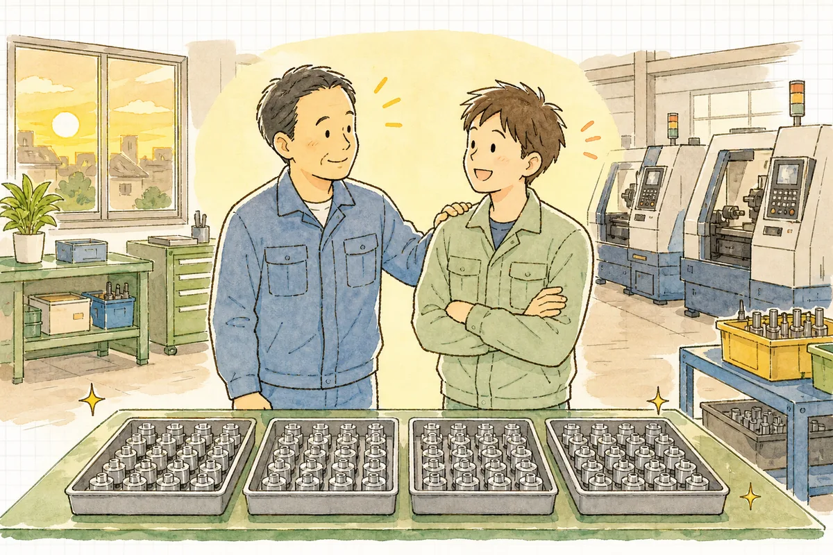 夕方の町工場で、品質担当と若い作業者が並んで立ち、整然と並んだ部品のトレーを前に、ほっとした笑顔で顔を見合わせている明るい情景