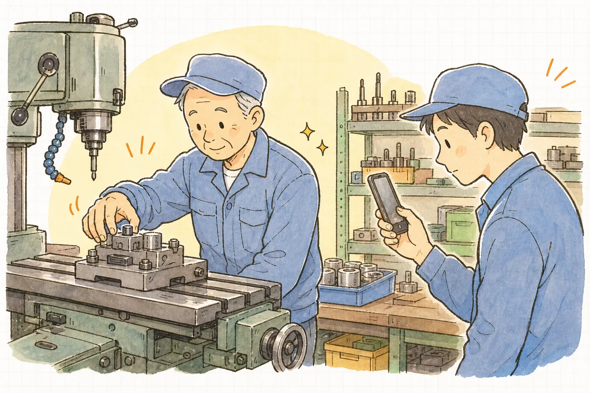 ベテランの段取り作業をスマートフォンで撮影し、その手元を若手が一緒にのぞき込む町工場の情景