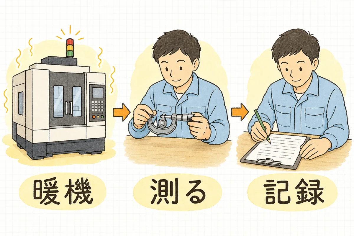 朝の精度確認の流れを、機械が温まる場面・部品を測る場面・紙に書く場面の3つに分けて左から順に並べた図