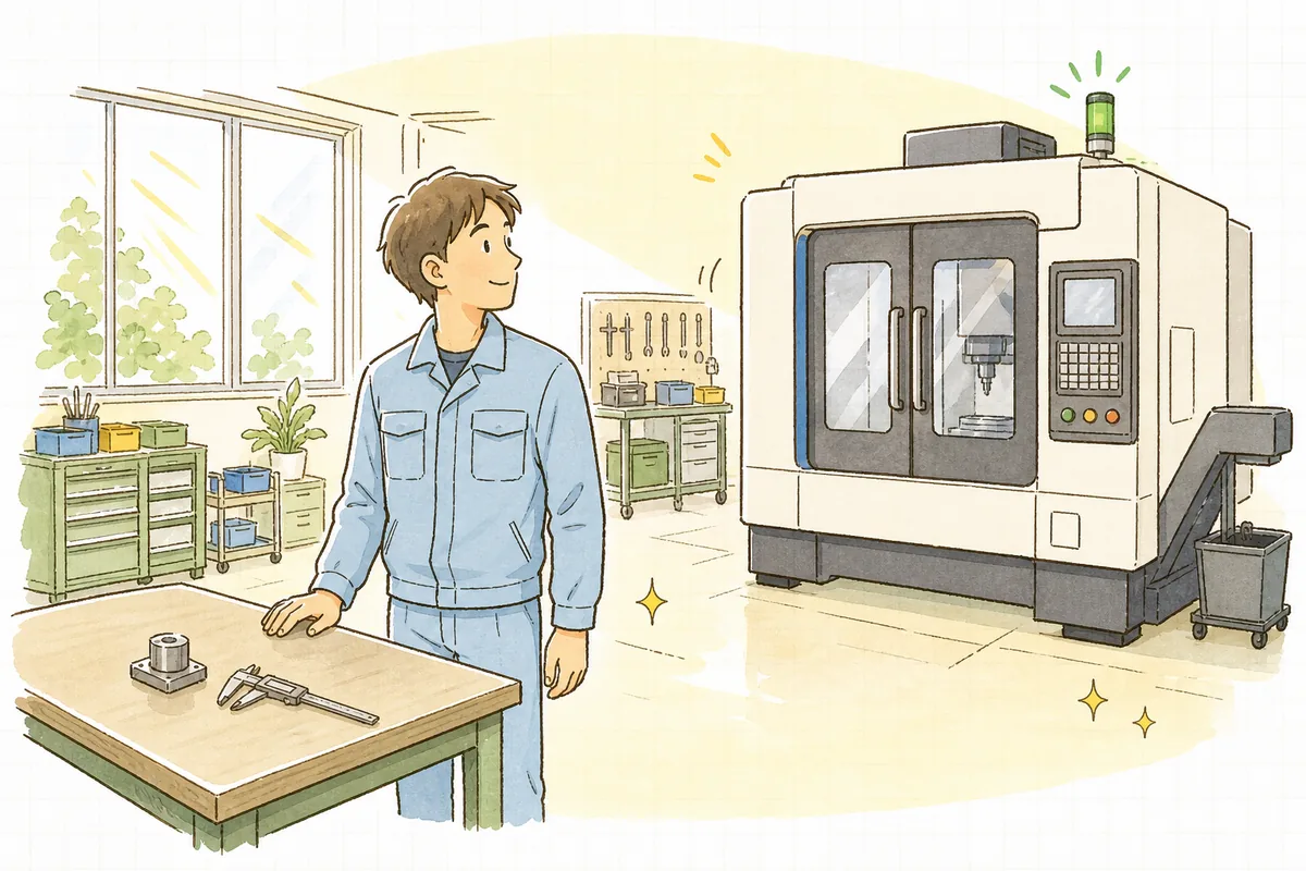 朝の光が満ちた明るい町工場で、測り終えた部品を作業台に置き、落ち着いた笑顔で動き出した機械を見ている作業者