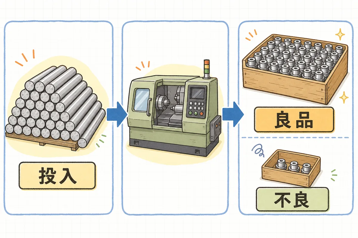 左に投入した材料の山、右に良品の箱と、はねた不良の小さな箱が並び、投入した数より良品が少なくなることを示す図