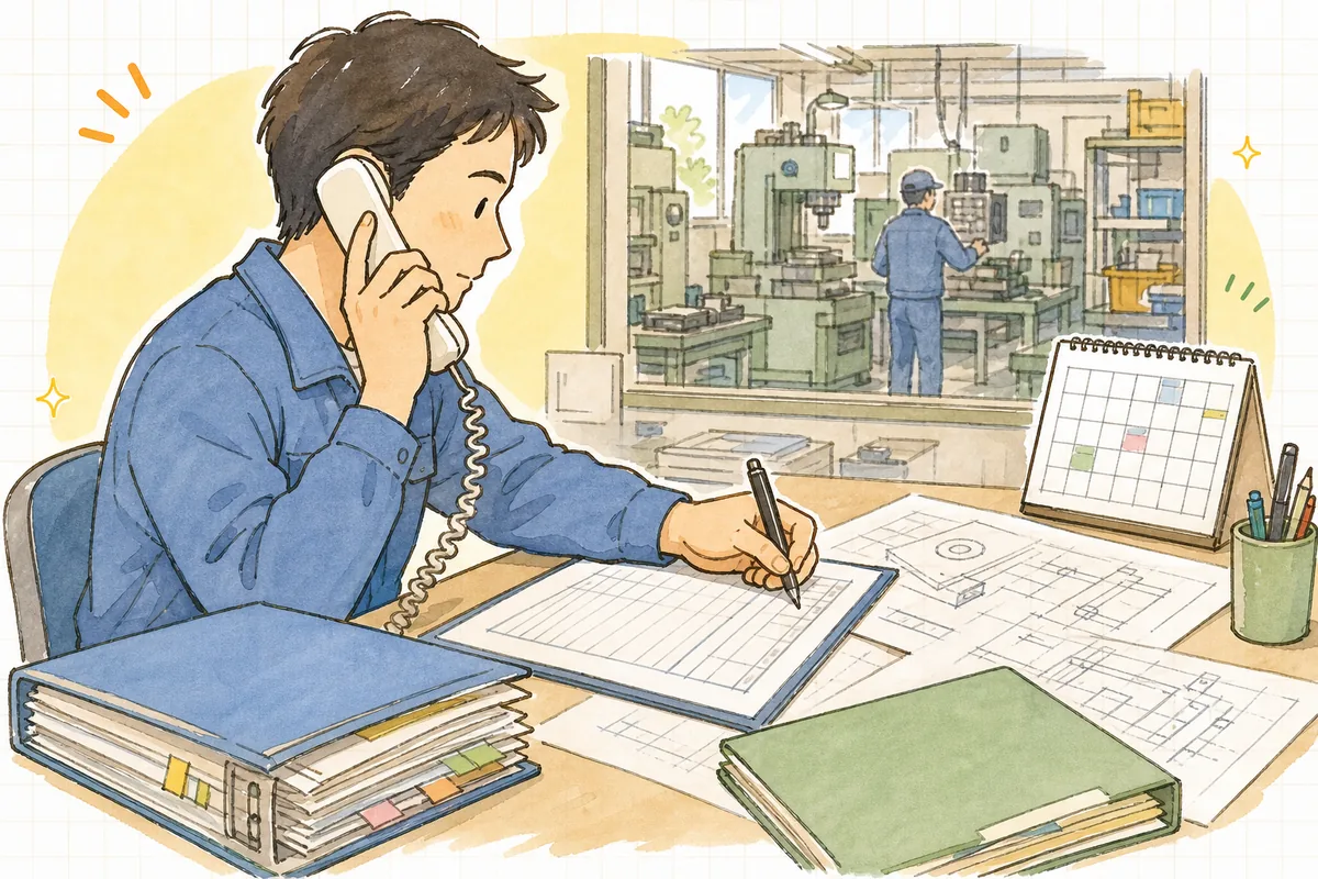 電話で外注先と納期を確認しながら、手元の発注控えに進捗を書き込む町工場の担当者の横顔と手元