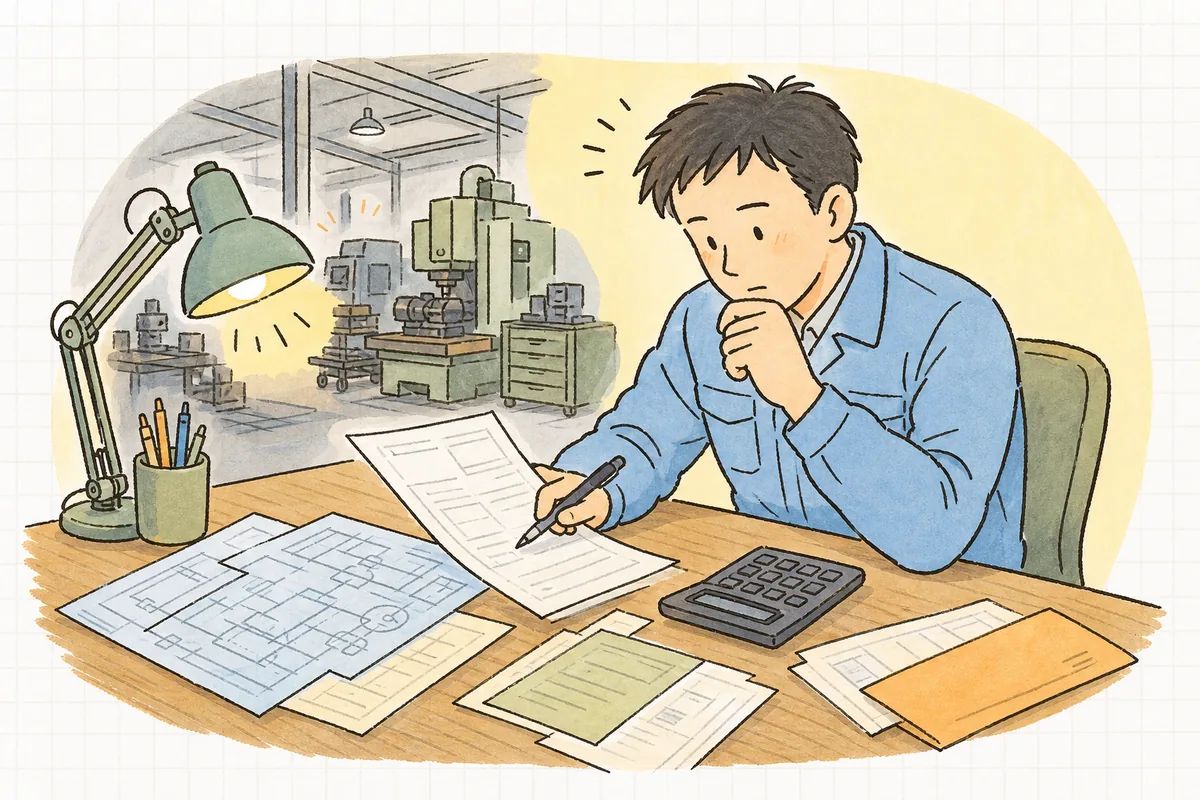 夜の事務机で見積書と電卓を前に「この仕事、受けても大丈夫だろうか」と考え込む町工場の担当者の横顔と手元