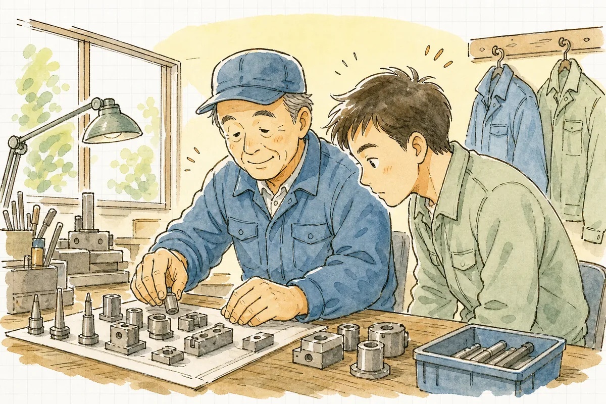作業台でベテラン職人が手の動きを見せ、若手が見入る町工場の技能伝承の情景