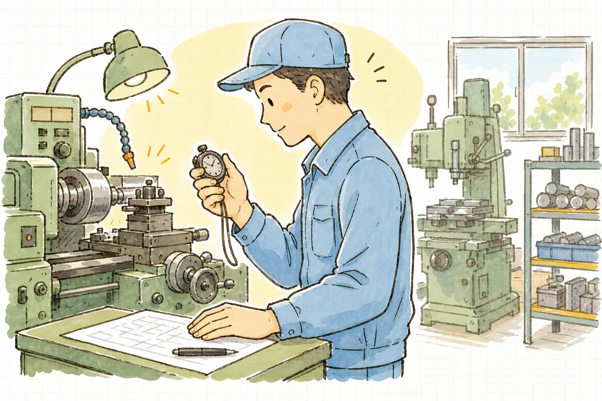 加工中の機械のそばでストップウォッチと手元のメモを見ながら、作業にかかる時間を落ち着いて測っている町工場の担当者の横顔と手元
