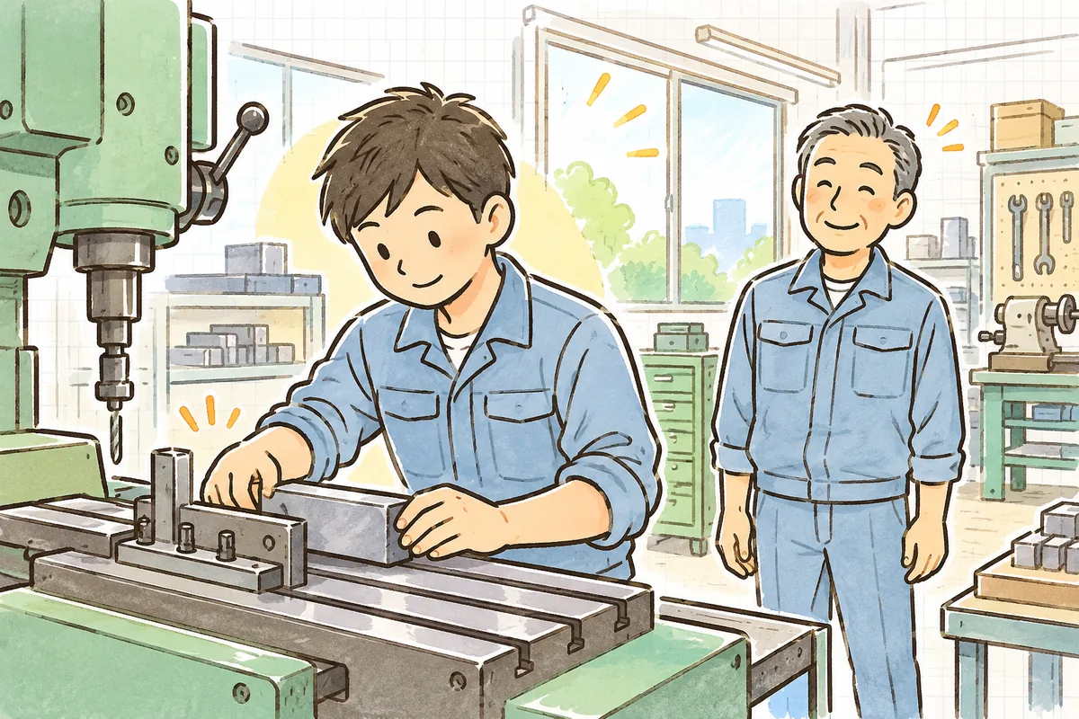 手作りの治具に品物を当てるだけで位置が決まり、若手作業者がひとりで段取りを進められるのを見て、ベテランがほっとした笑顔で見守る情景