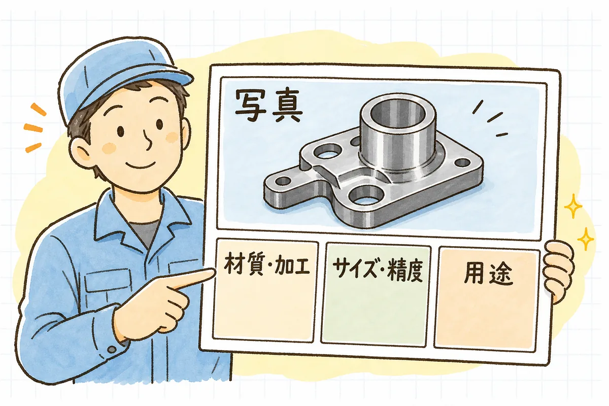 加工事例カード一枚に載せる四つの要素(写真・材質と加工・サイズや精度・用途)を示した見取り図