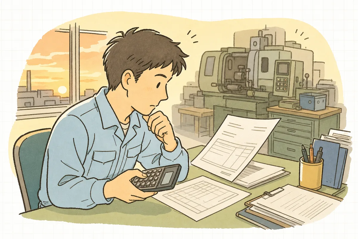 夕方の事務机で電卓と機械の稼働メモを前に、加工賃の計算を落ち着いて確かめる町工場の担当者