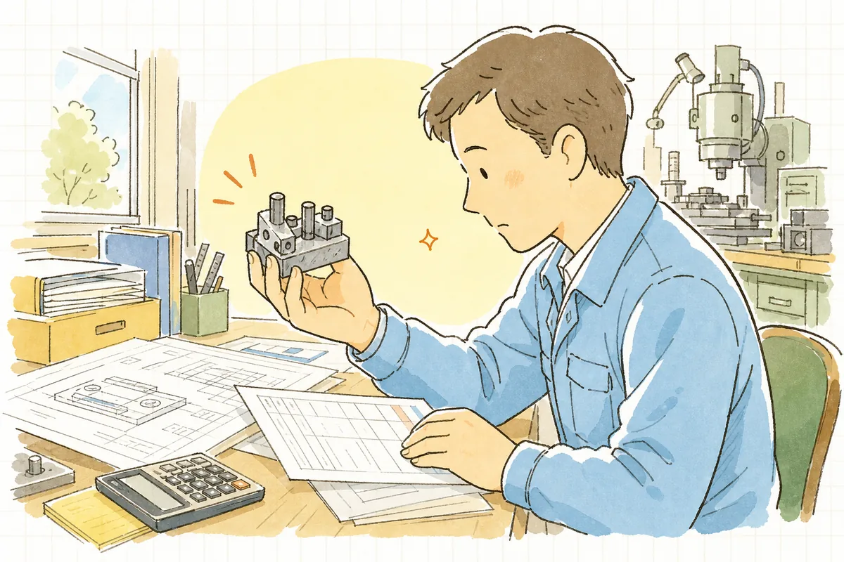 手のひらほどの治具と見積書を見比べ、型代をどう乗せるか思案する町工場の担当者