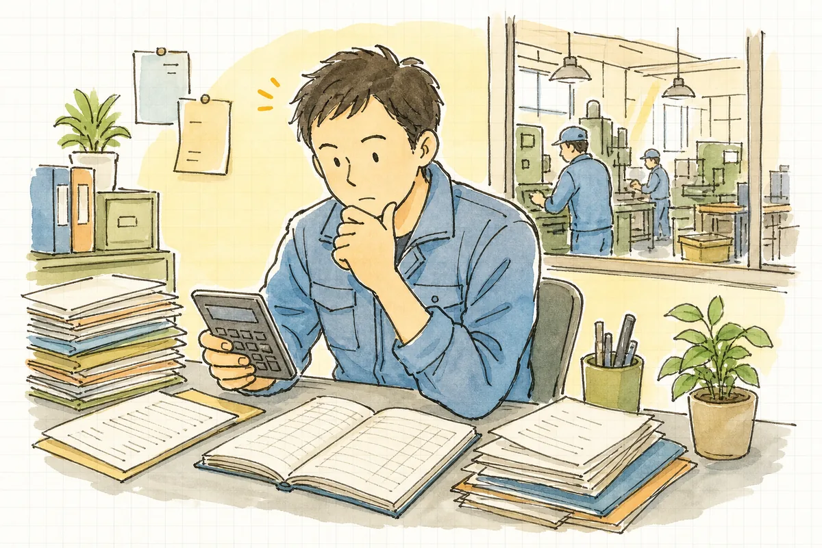 電卓と光熱費・家賃の請求書を前に、これを見積のどこにのせればいいか考え込む町工場の担当者の手元と横顔