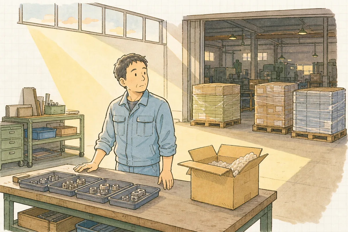 夕方の工場の出荷場で、加工の終わった部品を前に、梱包しながら手を止めて考えている町工場の担当者