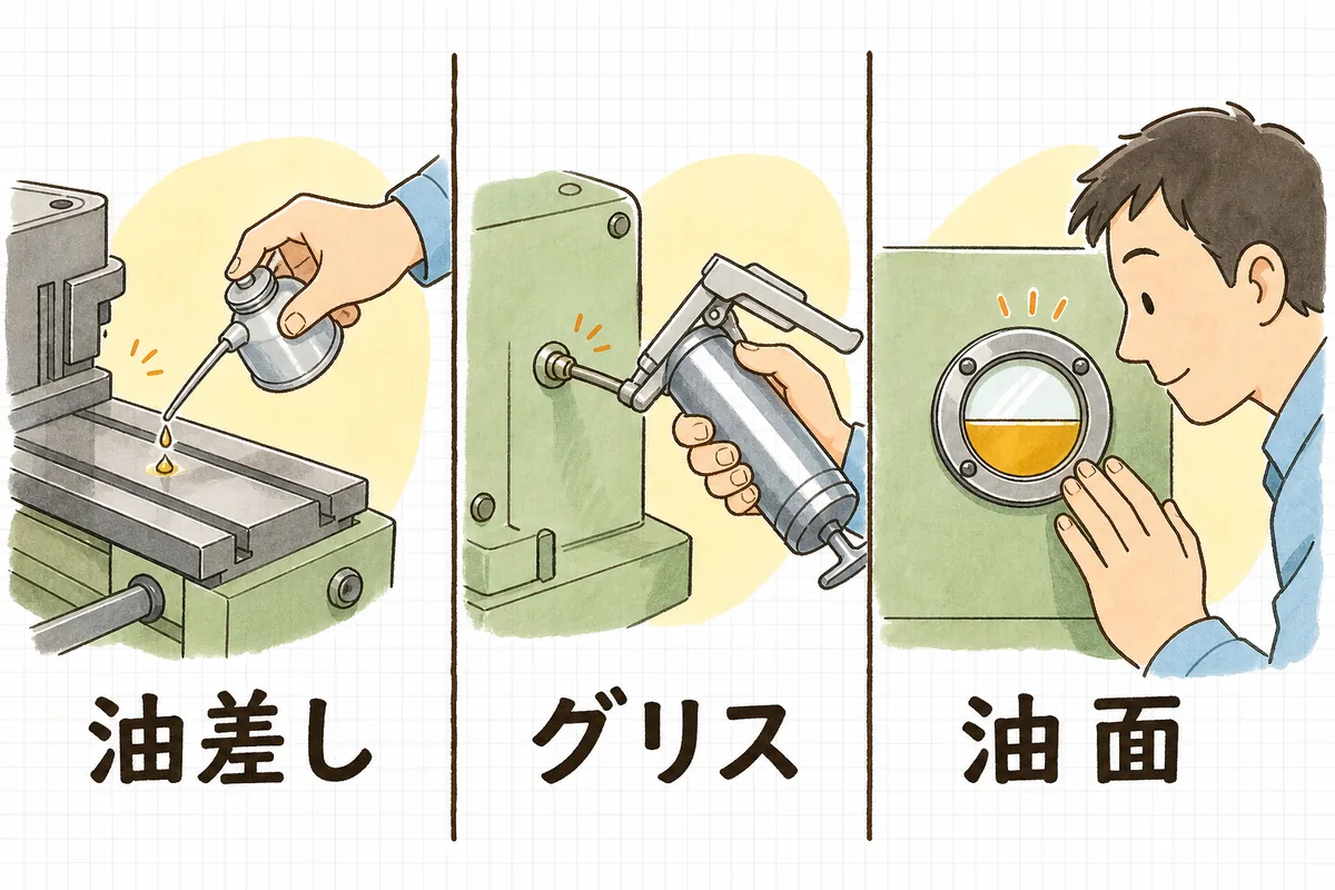 油差しで油をさす手元、グリスガンをグリスニップルに当てる手元、油面計をのぞき込む顔の3つを横に並べた説明図