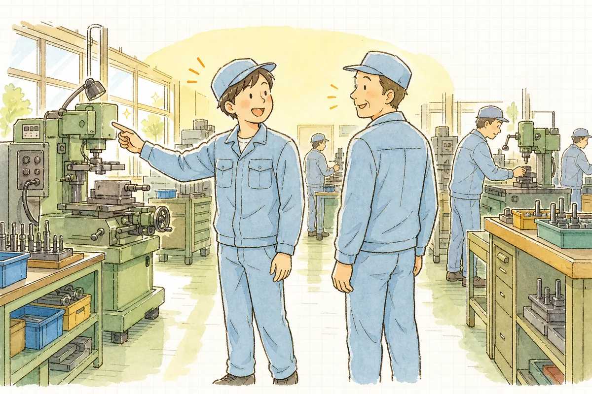 朝の町工場で、作業者が自分から現場リーダーに声をかけ、二人で機械を見ながら明るく話している情景