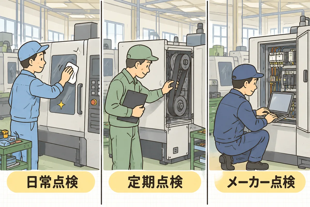 設備点検を3つの持ち場に分けた説明図。左は作業者が機械を布で拭いている絵、中央は現場リーダーがクリップボードを持って機械のベルトを確かめている絵、右はメーカーのサービス担当者がノートパソコンを使って制御盤を調べている絵