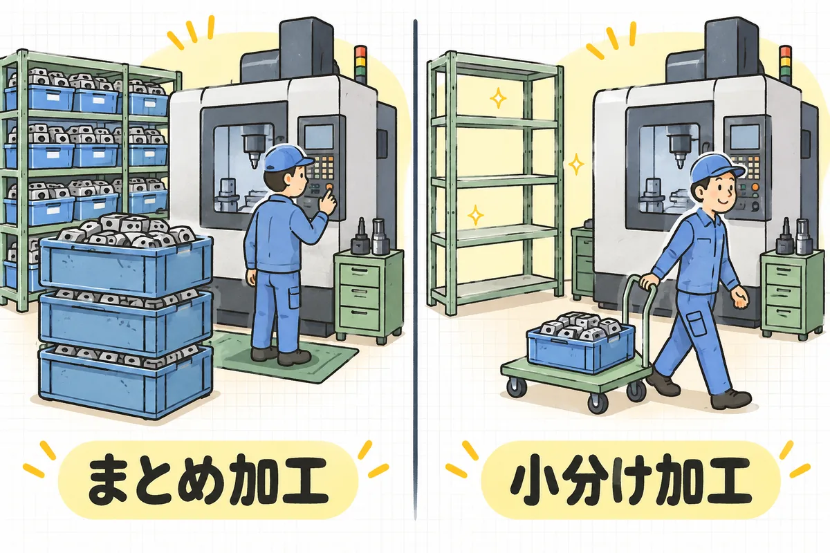 まとめ加工と小分け加工を左右に並べて比べた説明図。左は1台の機械の横に大きな箱いっぱいの部品が積まれ、棚にも箱が並んでいる場面、右は同じ機械の横に小さな箱が1つだけあり、台車でその箱を運び出している場面