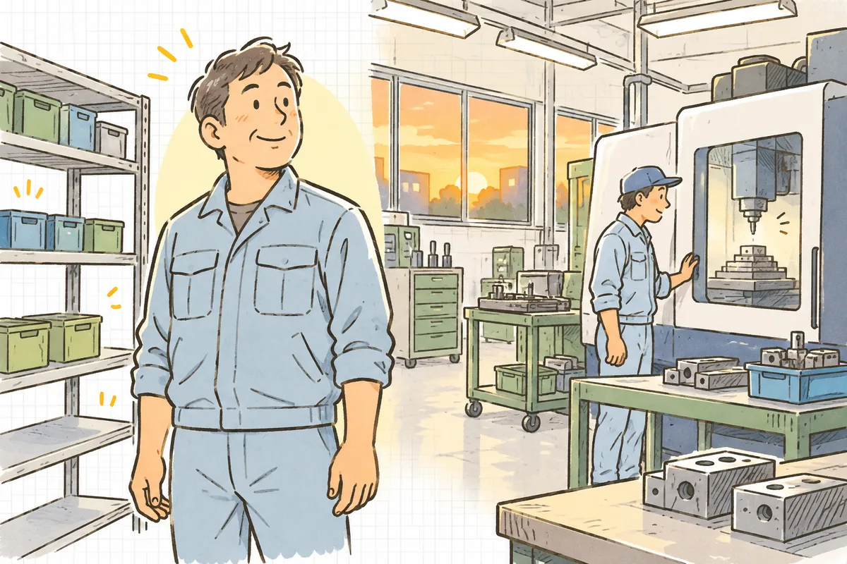 夕方の町工場で、作業着の現場リーダーが、すっきり片付いた棚と順調に動く機械を眺めながら、ほっとした笑顔を浮かべている情景