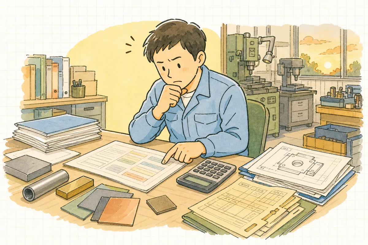 事務机で原価の資料を見ながら、値上げの相談をどう切り出すか考え込む町工場の担当者の横顔と手元