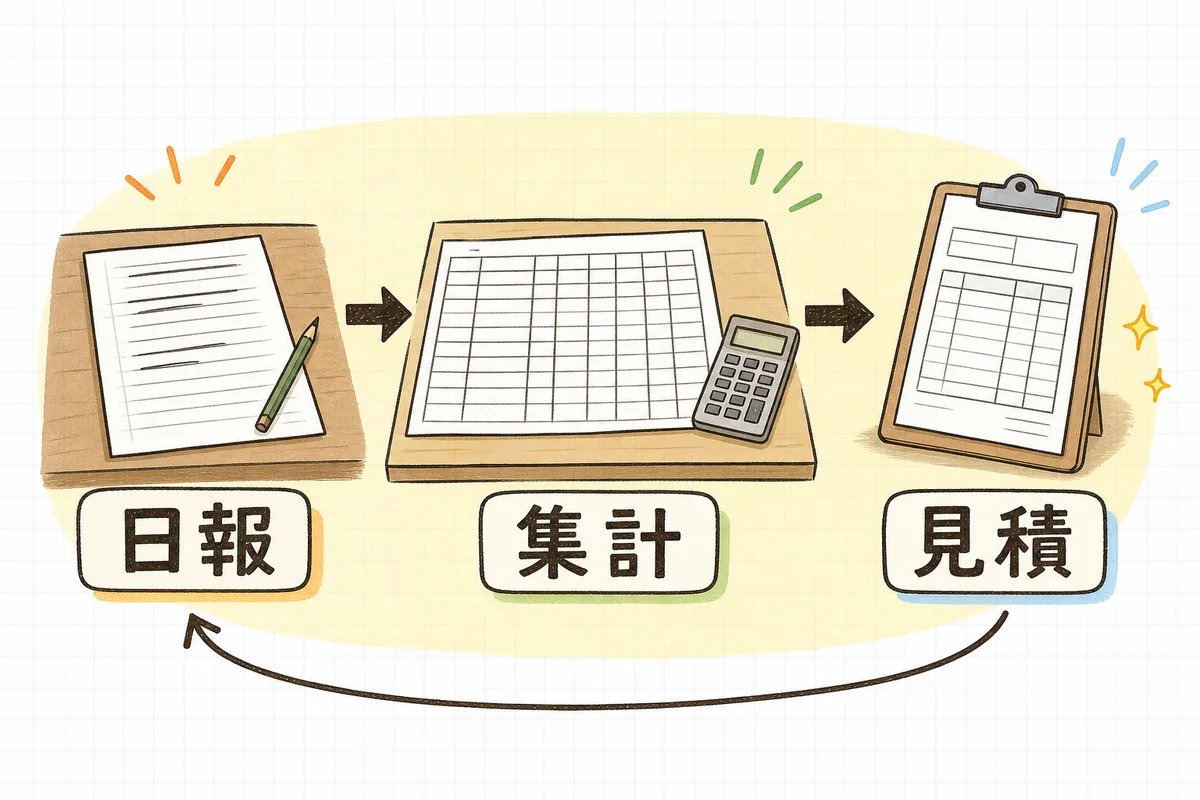 現場の日報用紙、机上の集計表、見積書の3つが順につながり、見積からまた日報へ戻る循環を示した説明図