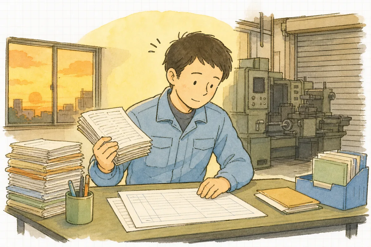 一日の終わりの町工場で、机の上に積まれた作業日報の束を手に取り、見積用紙と見比べようとしている担当者