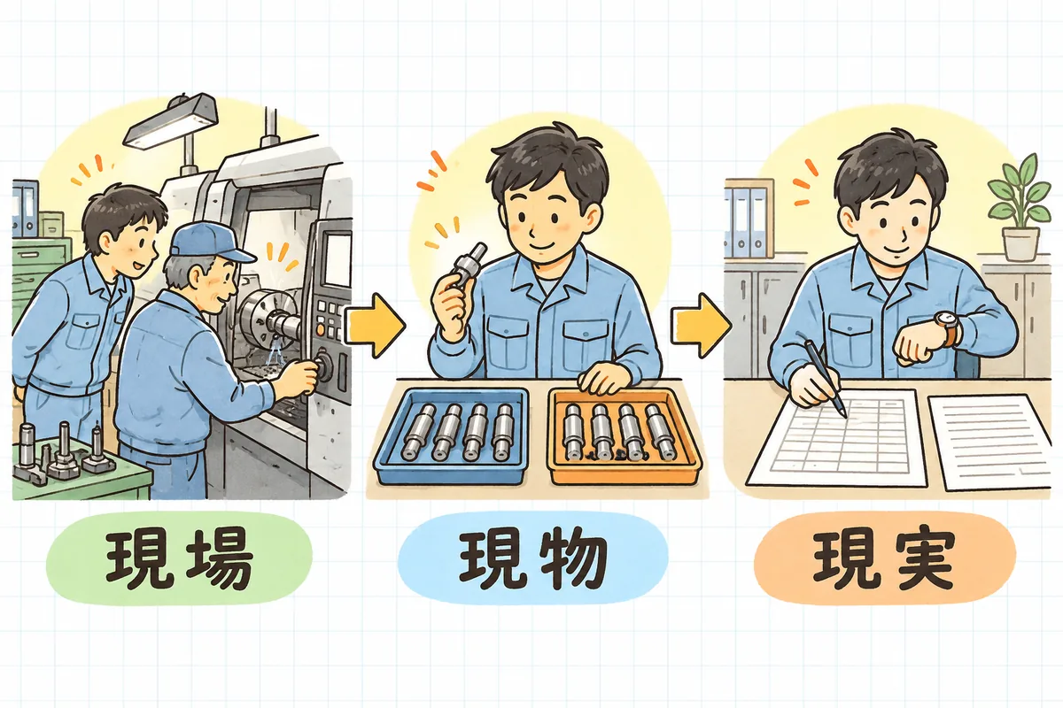 3つの場面が左から右へ並ぶ説明図。旋盤の前で作業者の加工を見せてもらう場面、作業台に不良品と良品を並べて見比べる場面、作業日報と記録表を机に広げて時刻を確かめる場面