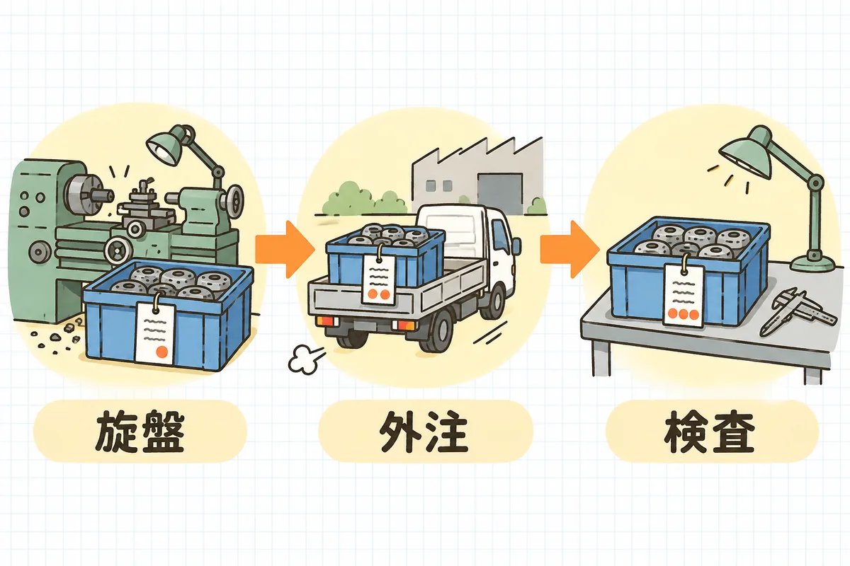 同じ製番が書かれた伝票が、旋盤・外注めっき・検査の3つの工程を順に通っていく流れを示した説明図