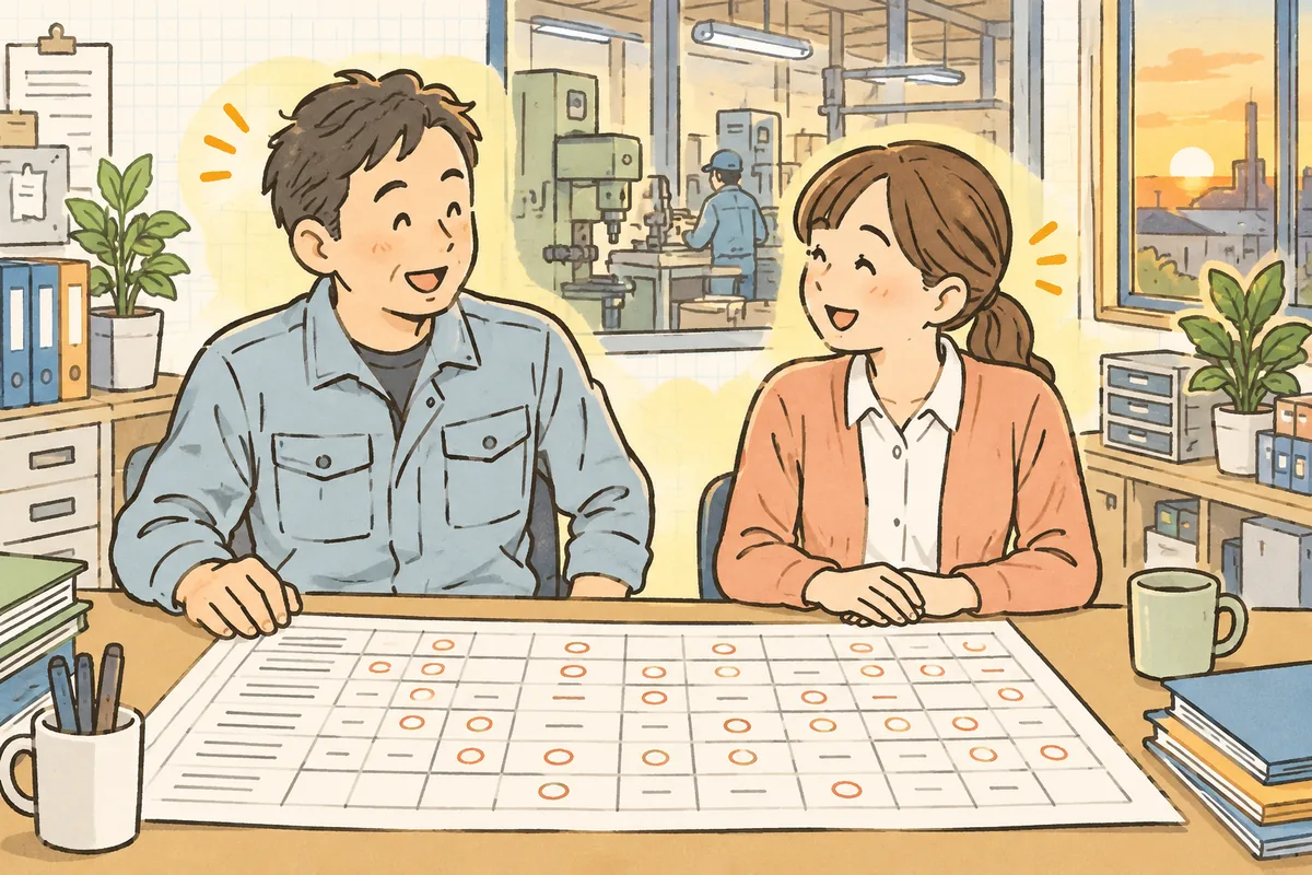 事務所の机で、現場リーダーと事務担当の二人が工程の一覧表を一緒に見ながら、ほっとした笑顔で顔を見合わせている情景