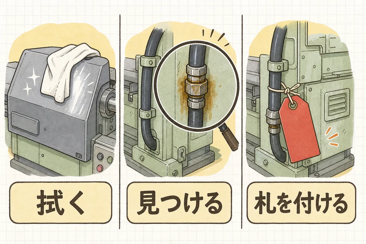 清掃点検の流れを3つの列で描いた説明図。左は止めた工作機械のカバーにかけられたウエス、中央は油がにじんだホースの継ぎ目を丸い枠で拡大した絵、右はその継ぎ目に結び付けられた赤い札