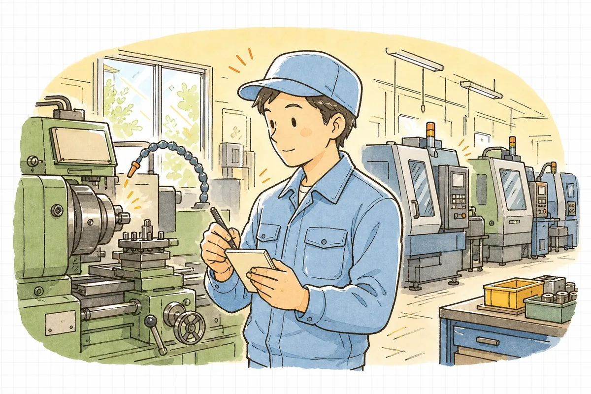 動いている工作機械の前で、手元のメモ用紙に機械の止まった時間を書き留めながら、稼働の状態を落ち着いて確かめている町工場の現場担当者
