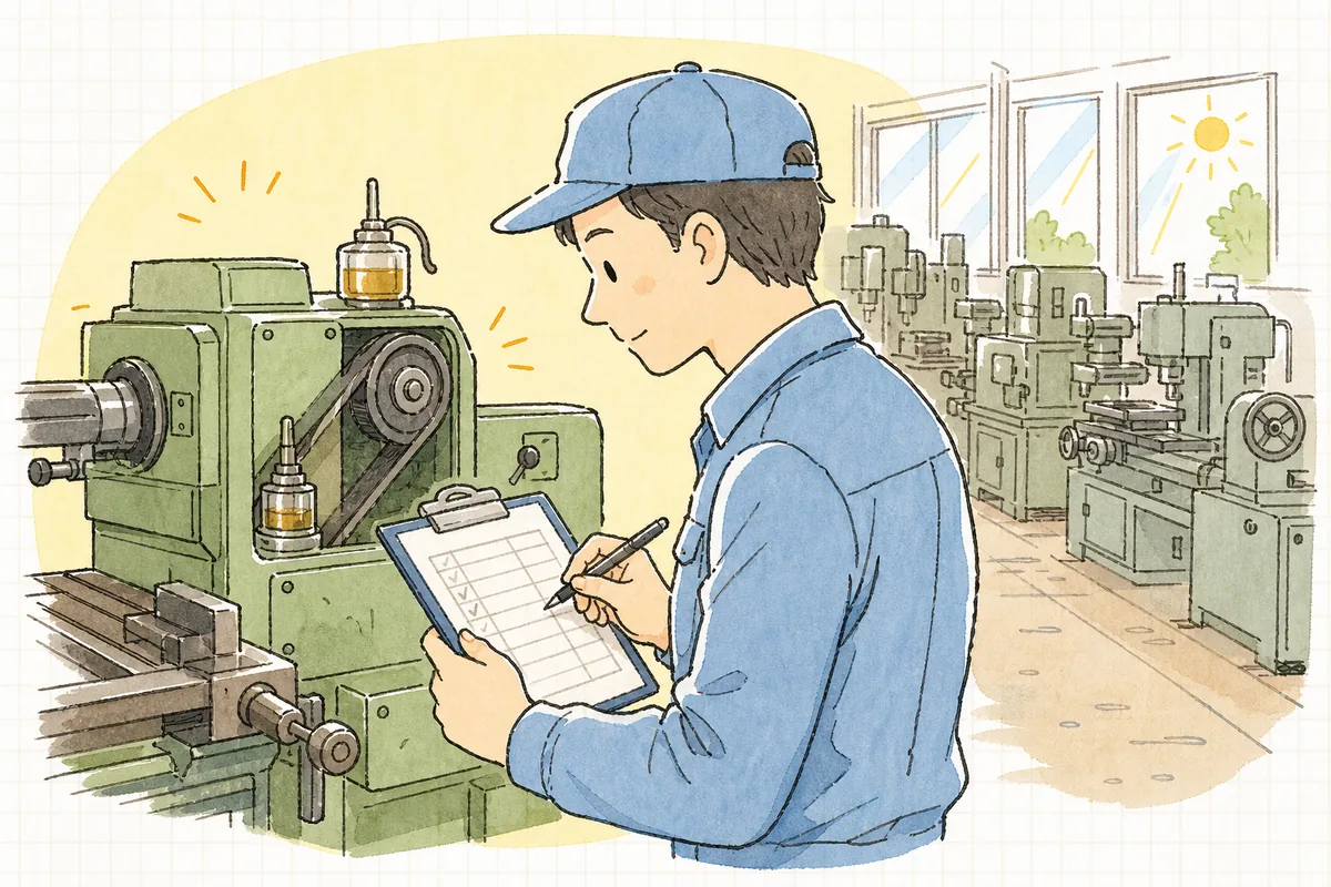朝の作業場で工作機械の前に立ち、点検表に丸を付ける町工場の担当者の落ち着いた横顔