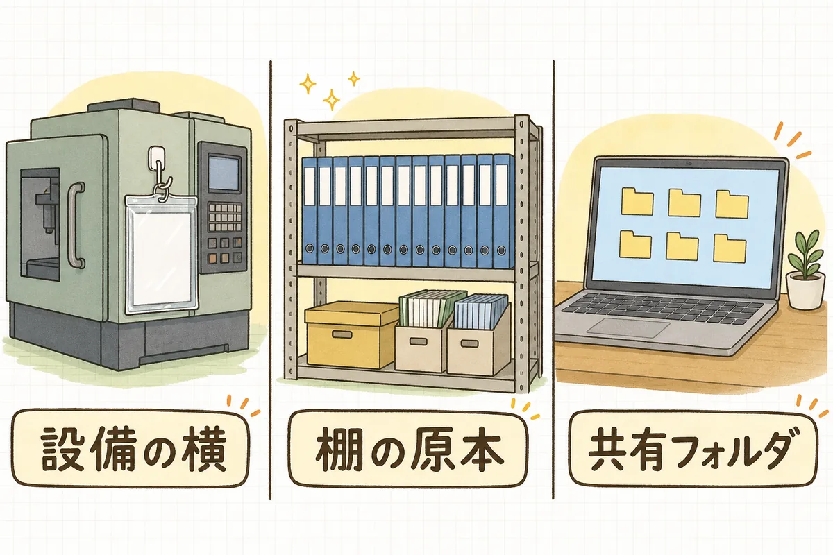 取説・図面の3つの置き場所を描いた説明図。左は工作機械の側面に吊るされた透明ケース入りの1枚の紙、中央は事務所の棚に設備ごとに並んだ同じ色のファイル、右はパソコン画面に並んだフォルダのアイコン