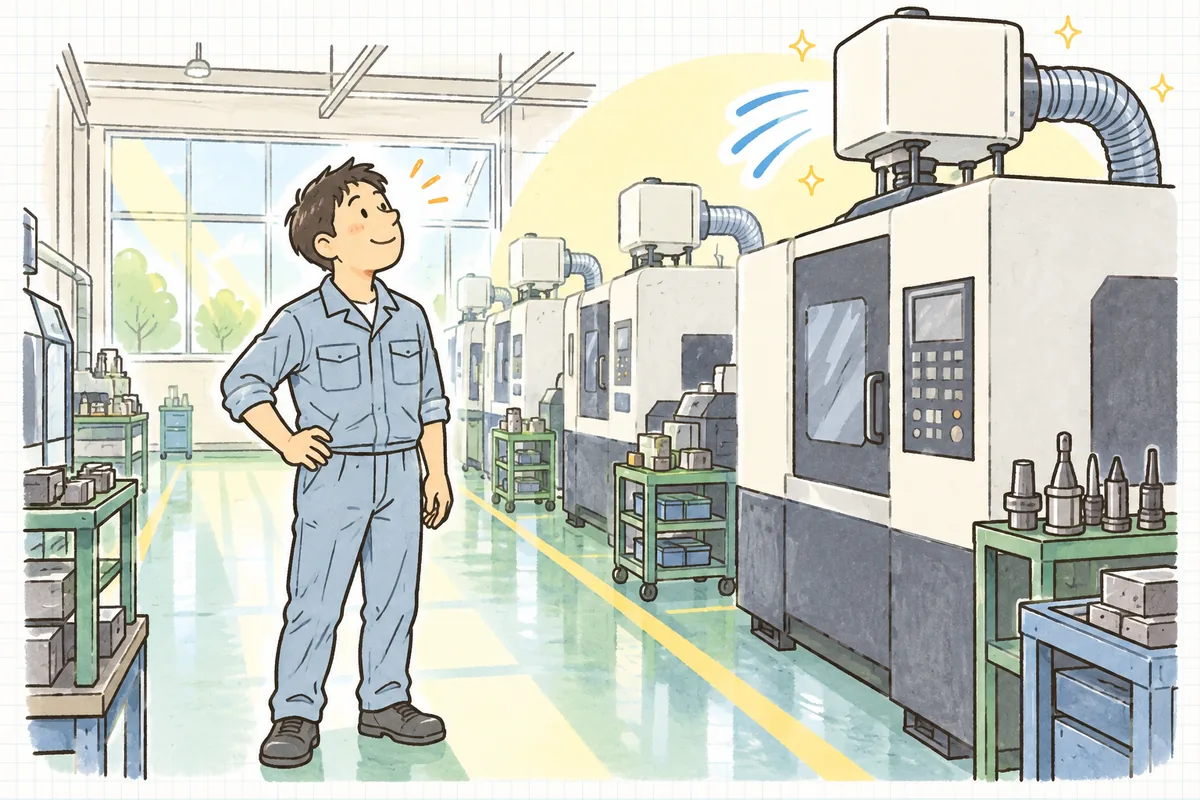 午後の明るい町工場で、清掃を終えた作業者がきれいになった通路に立ち、静かに運転するミストコレクターを見上げてほっとした笑顔を浮かべている情景