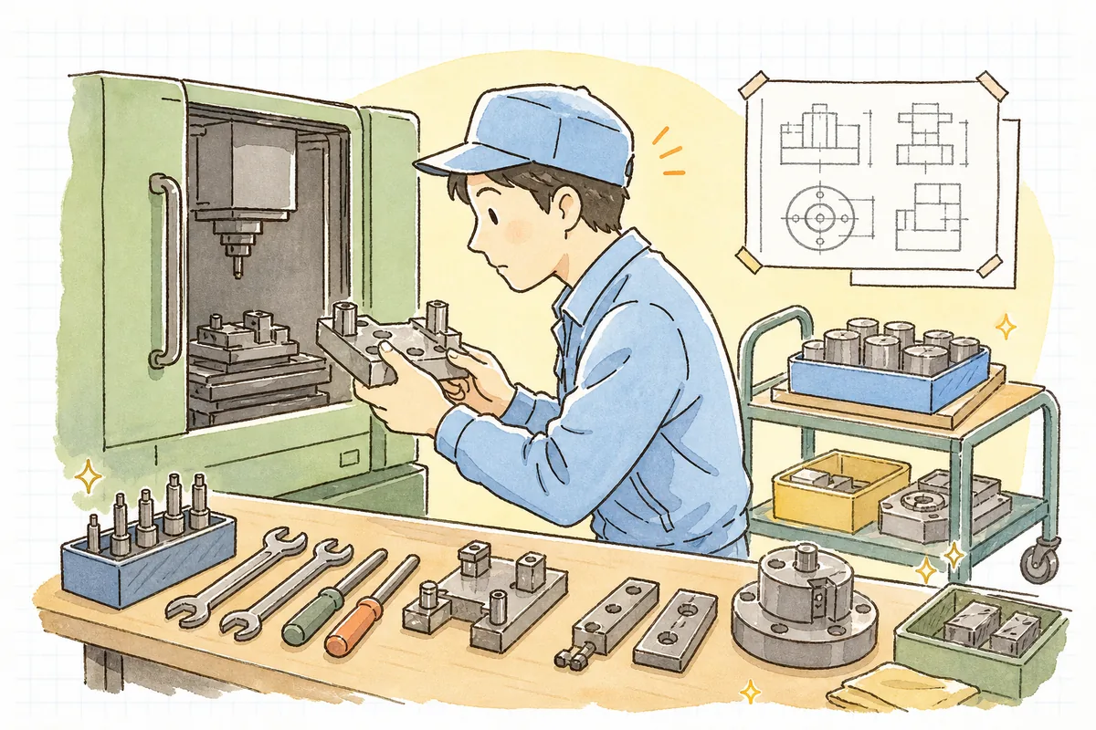 機械の前で次の段取り替えに向き合い、治具を手に段取りを見直す現場担当者の真剣な横顔と手元