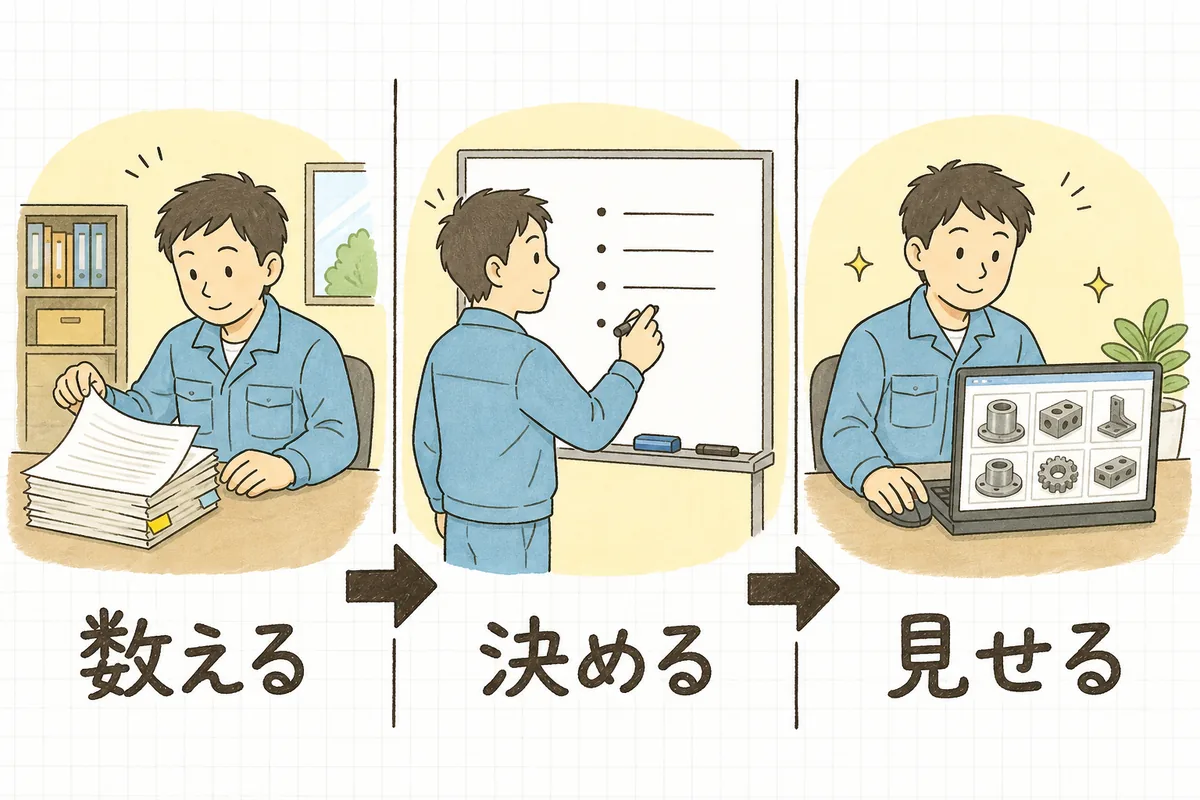 短納期を強みにする3つの手順を描いた説明図。左は受注記録の束をめくって実績を拾う担当者、中央はホワイトボードの前で条件を整理する担当者、右はノートパソコンで自社のホームページを更新する担当者の絵