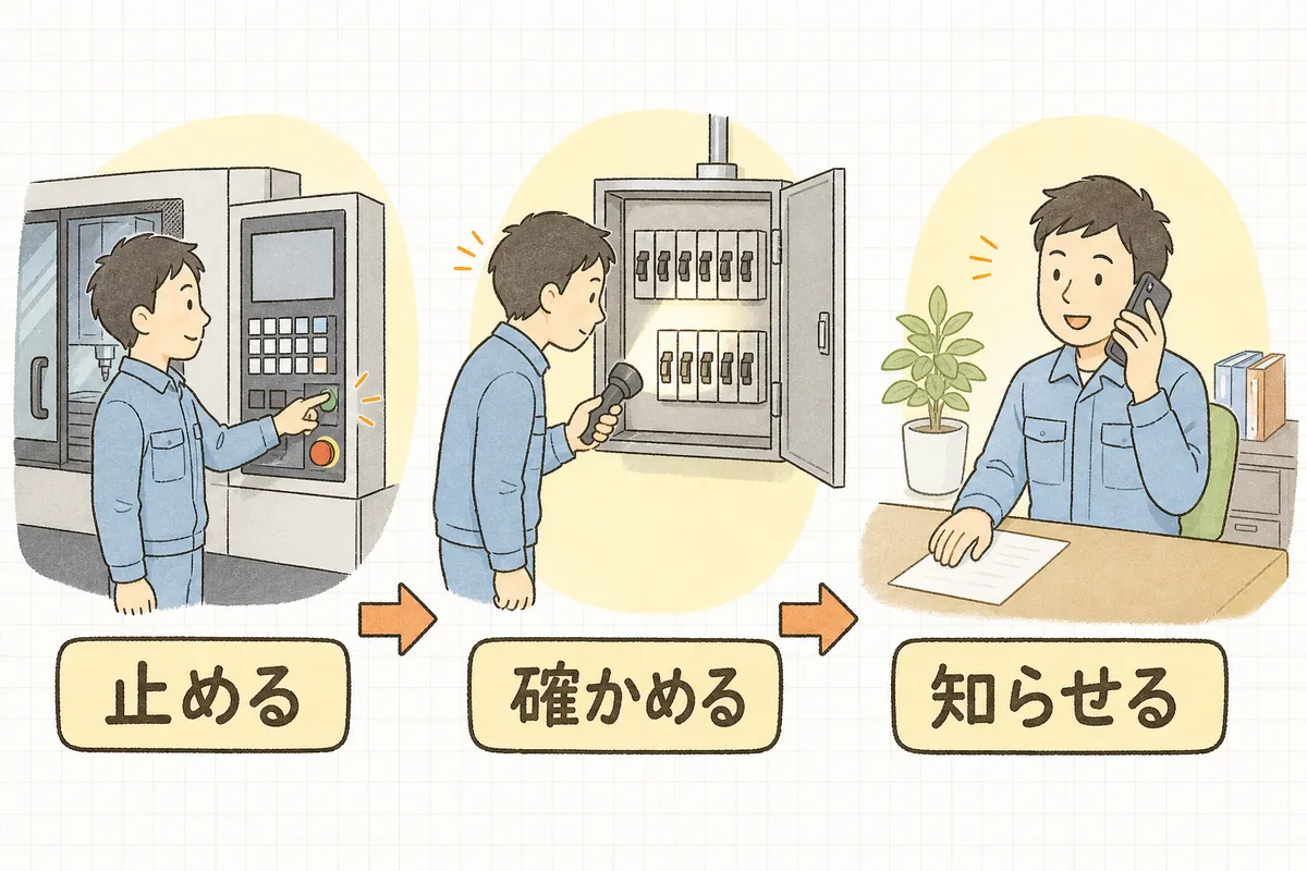 停電したときの初動を、機械の電源を切る場面・配電盤を確かめる場面・電話で連絡する場面の3つに分けて左から順に並べた図