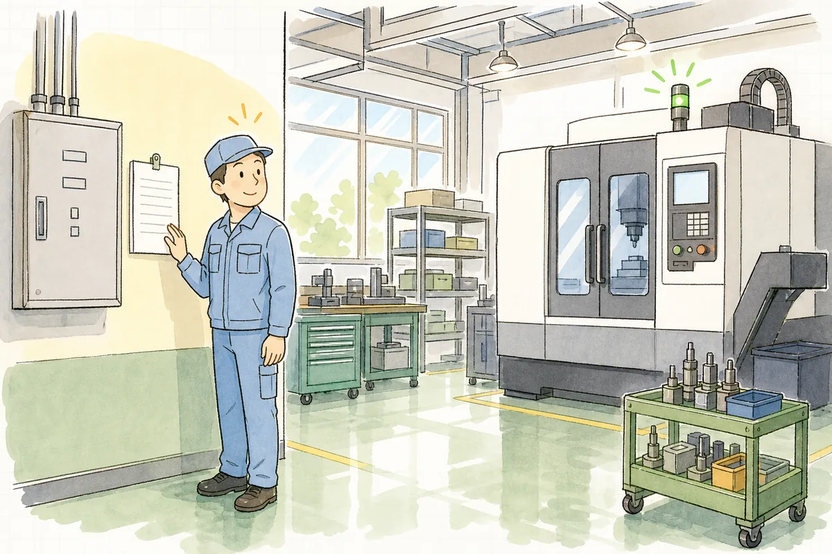 照明が戻った明るい町工場で、再び動き出した機械のそばに立ち、壁に貼った手順の紙を見てほっとした笑顔を浮かべている現場リーダー