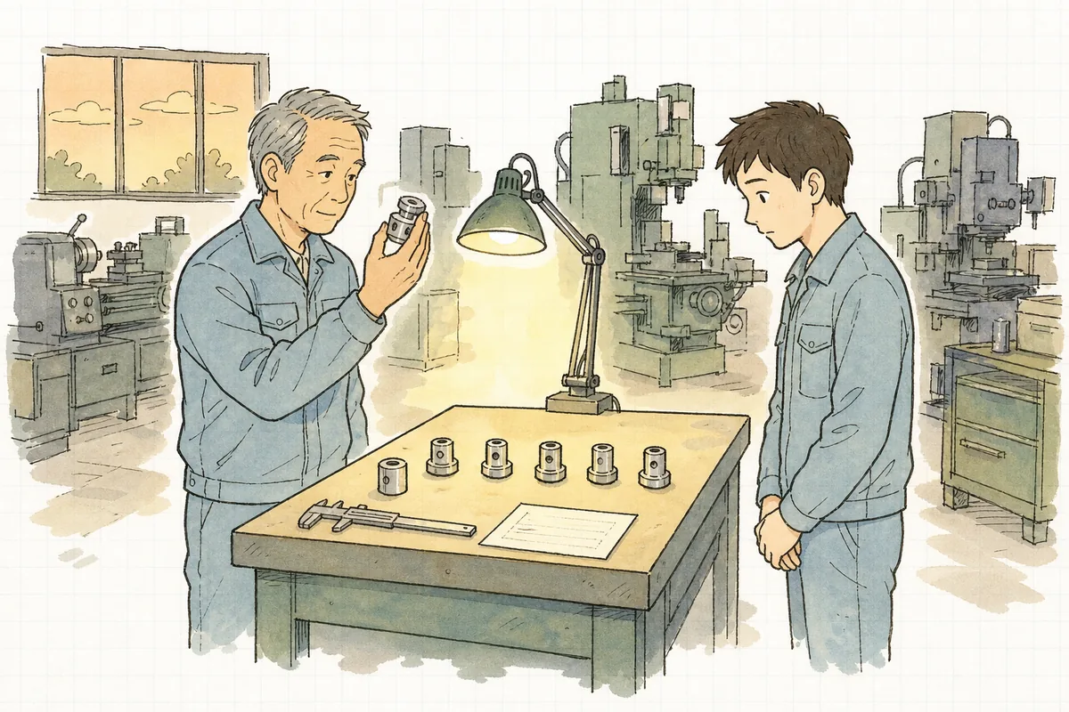 夕方の作業場で、検査台に並べた数個の不良品を前に、ベテランと若手が手直しするか作り直すかを話し合っている場面