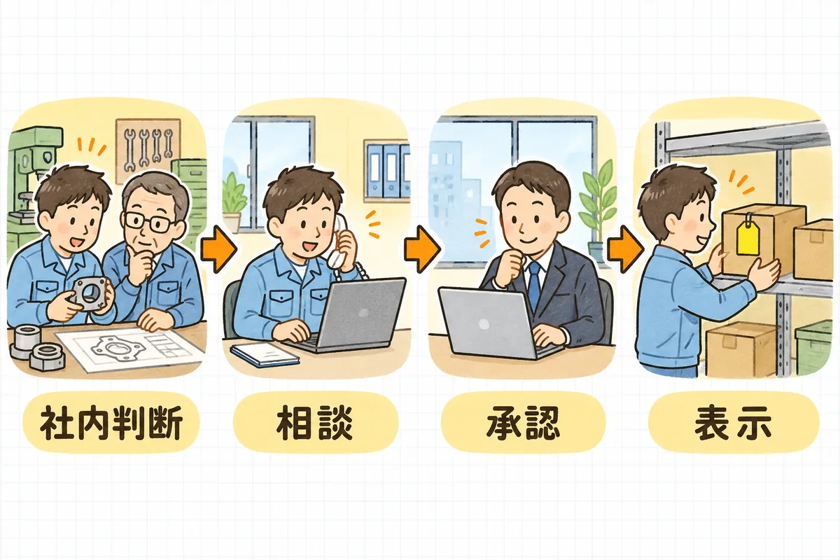 左から右へ4つの場面が並ぶ説明図。検査台で部品と図面を見比べる場面、事務所で客先に電話する場面、客先の担当者がメールの画面を確認してうなずく場面、特採品の札を付けた箱を良品と分けて棚に置く場面