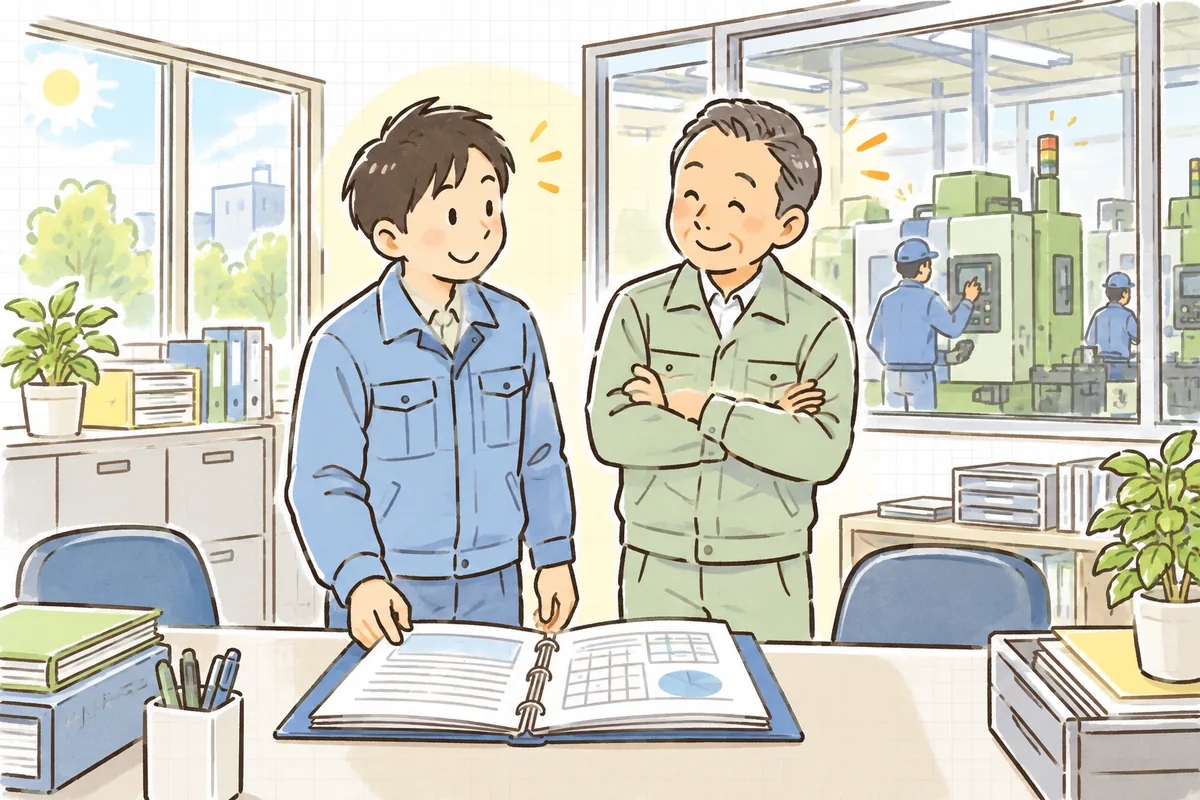 朝の明るい町工場で、品質担当者が上司と並んで記録のファイルを見ながら、笑顔でうなずき合っている情景