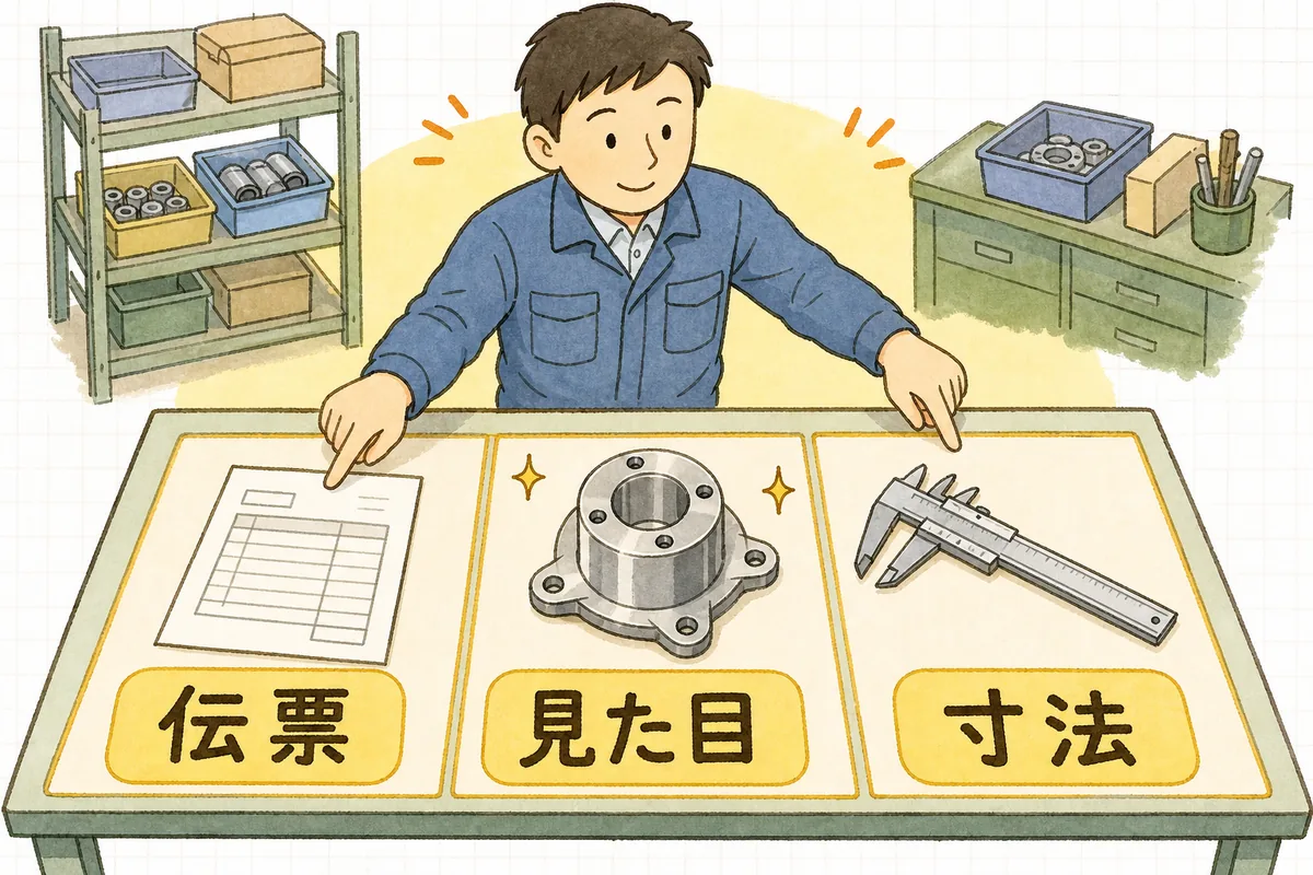 受入検査で見る三つの点(伝票との照合・見た目の異常・重要寸法の一点確認)を並べて示した説明図