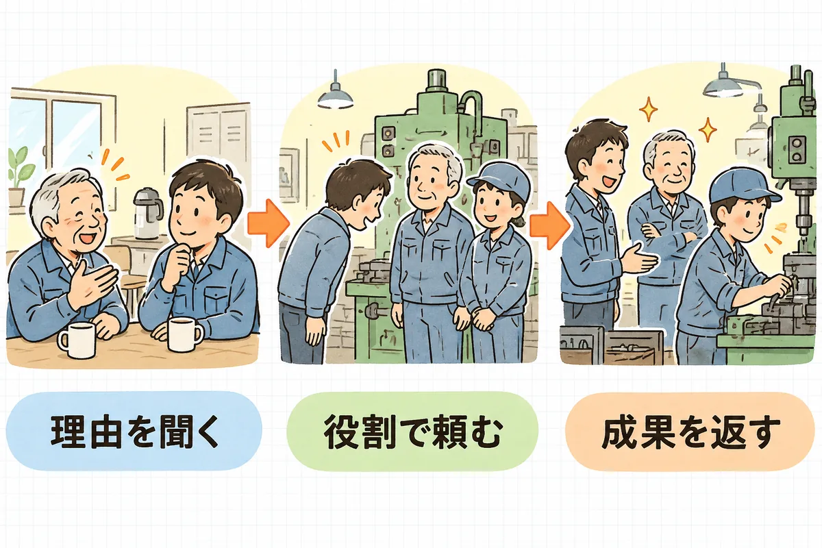 左から、ベテランの話を聞くリーダー、ベテランに先生役を頼む場面、教えた若手が育ちベテランに感謝を伝える場面が、3つの列に並んだ説明図