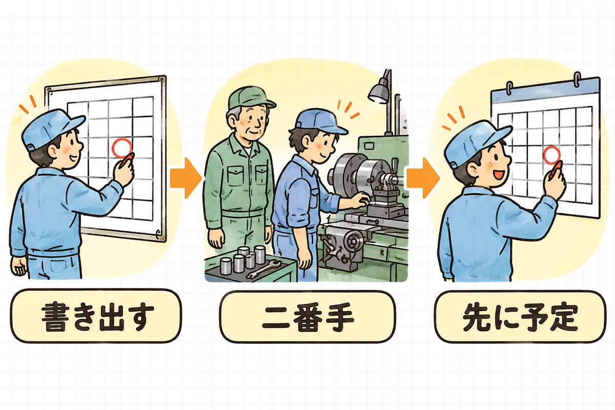 休みを取りやすくする3つの段階を左から右へ並べた説明図。左はリーダーがホワイトボードの表に印をつけている場面、中央はベテランの横で若手が機械の段取りを練習している場面、右は作業者が壁の月間予定表に休みの印をつけている場面