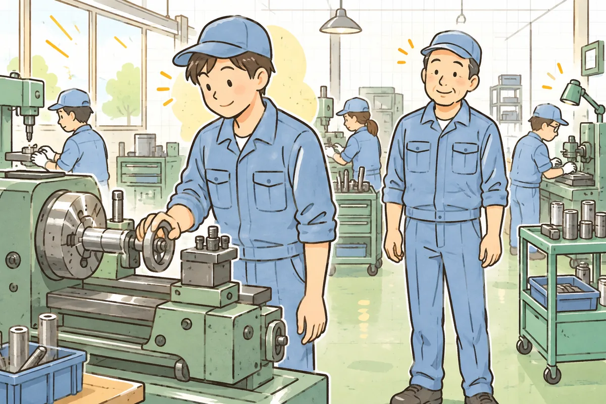 平日の朝の町工場で、二番手の若手作業者が旋盤の前で落ち着いて段取りをしていて、少し離れたところで現場リーダーが安心した笑顔で見守っている情景