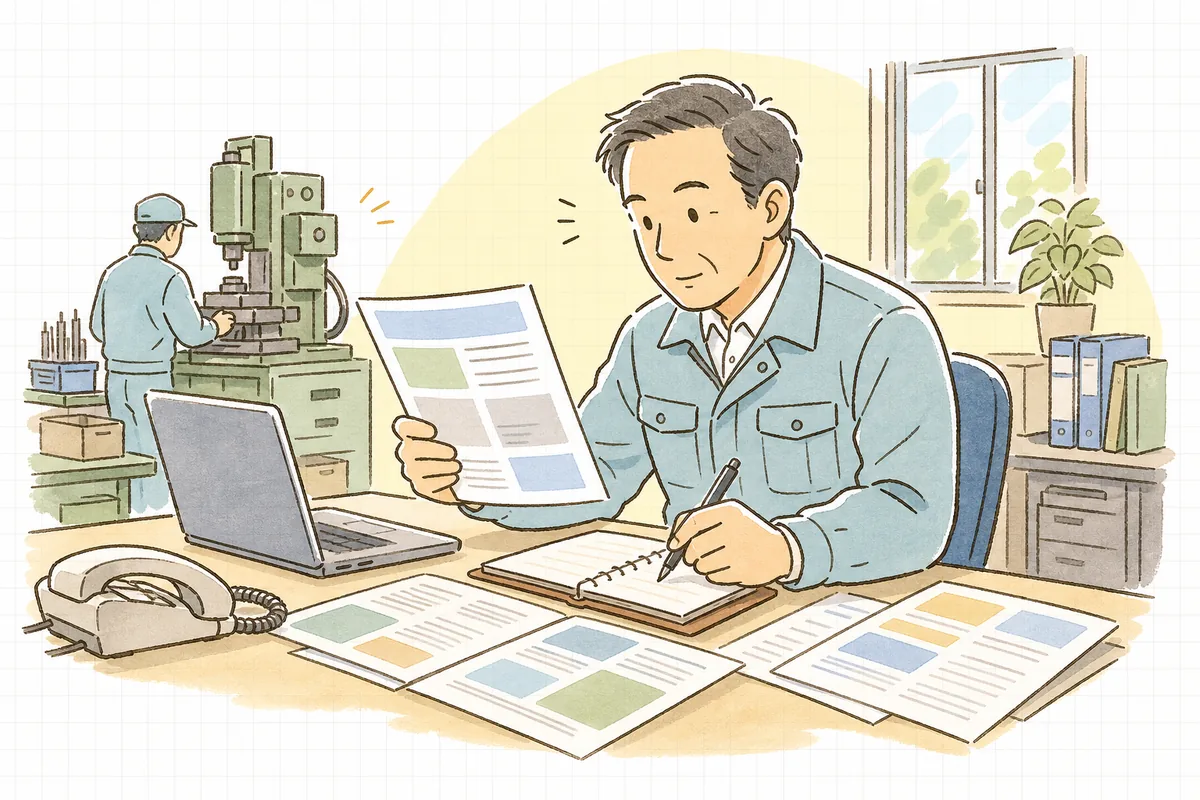 事務所の机で新規取引先の会社案内と登記情報のプリントを見比べながら、支払い条件をメモしている町工場の経営者の情景